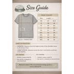 Size guide for a gray t-shirt with measurement instructions and chart on a white background